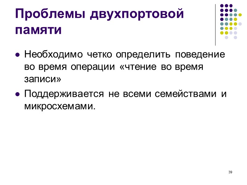 39 Проблемы двухпортовой памяти Необходимо четко определить поведение во время операции «чтение во время